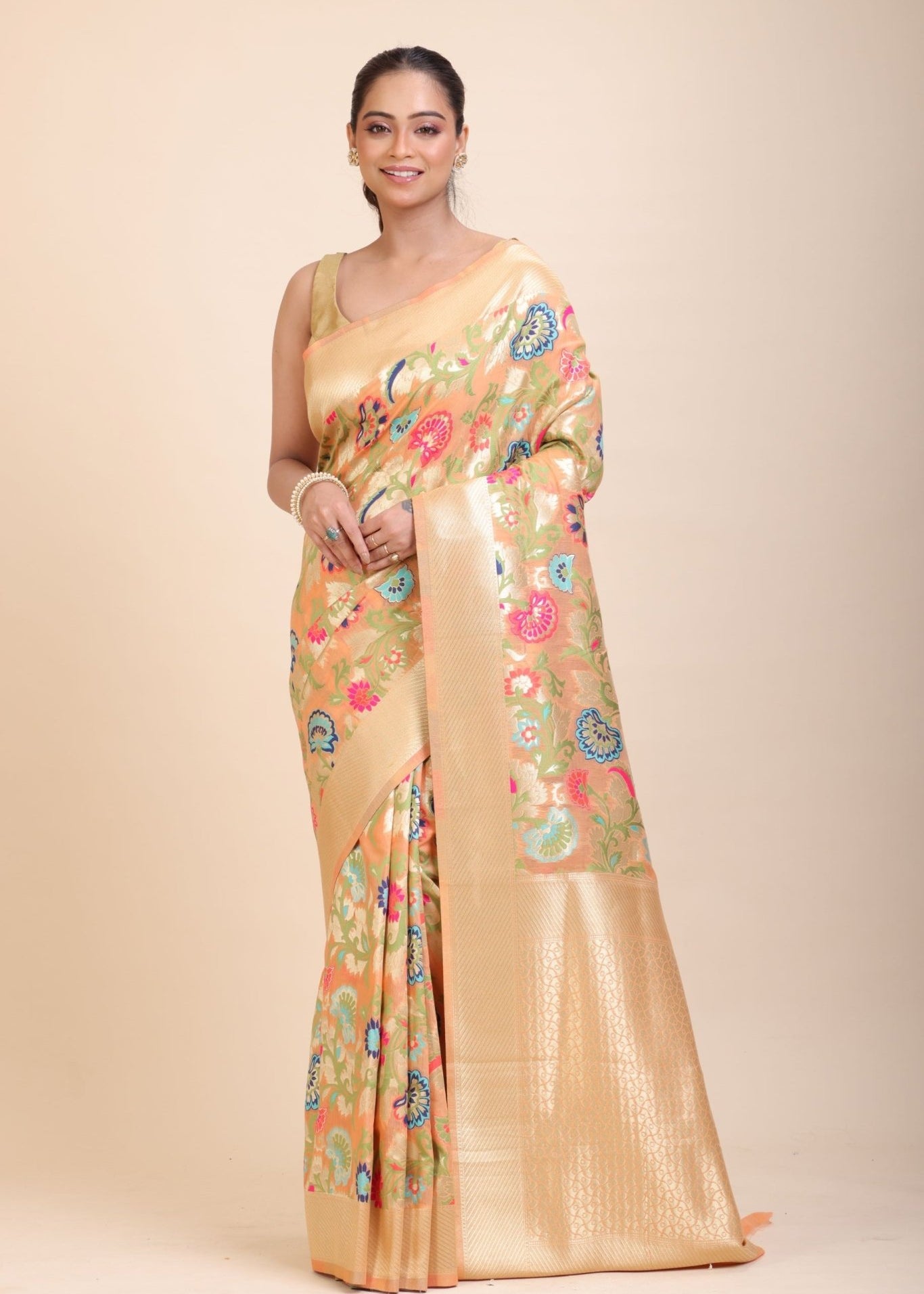 Peach Paithani Silk Saree With Multicolor Floral Weave - Anvi Couture