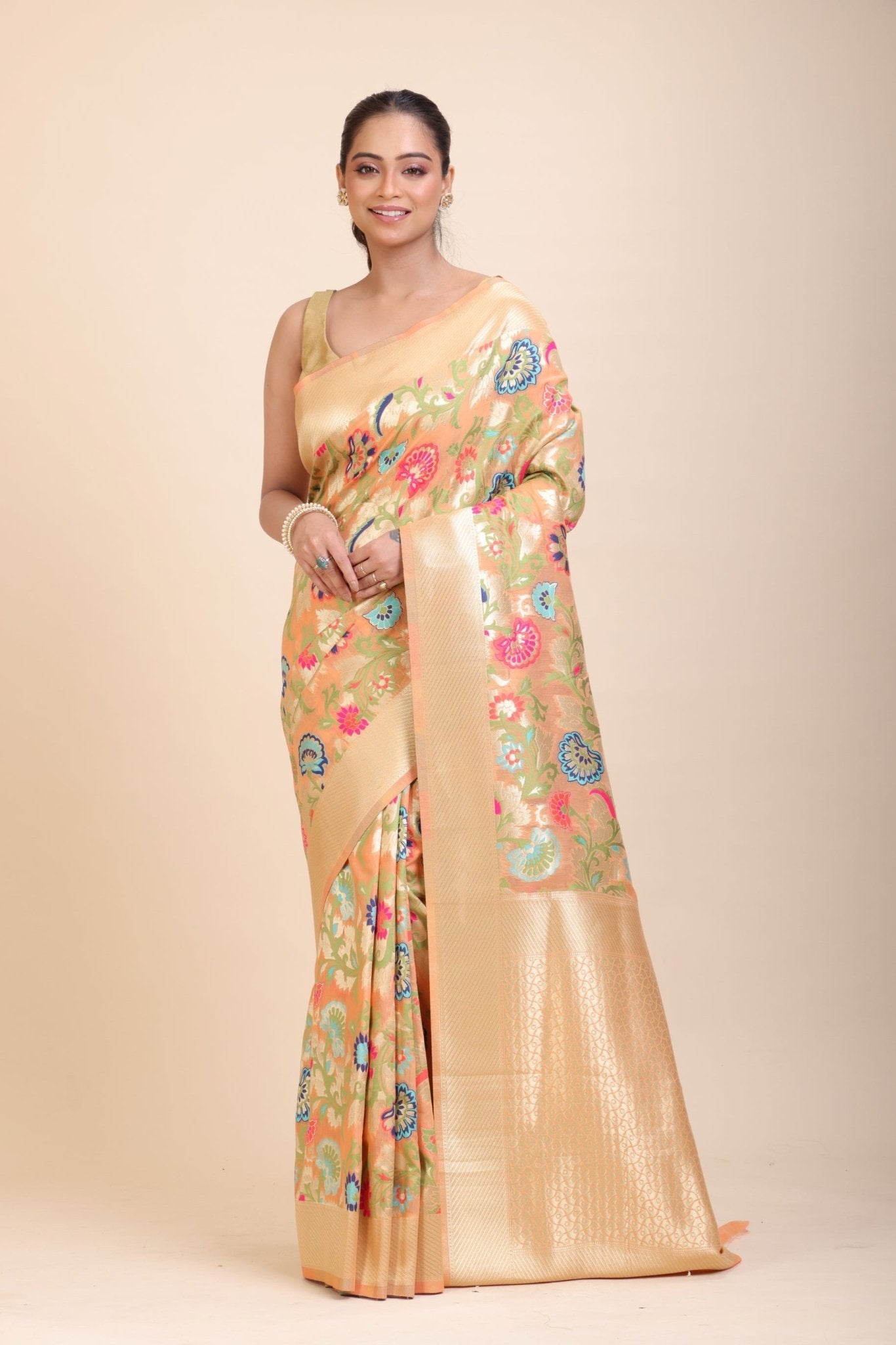 Peach Paithani Silk Saree With Multicolor Floral Weave - Anvi Couture