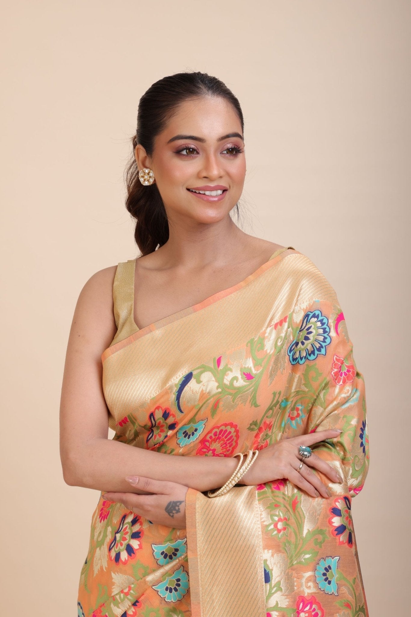 Peach Paithani Silk Saree With Multicolor Floral Weave - Anvi Couture