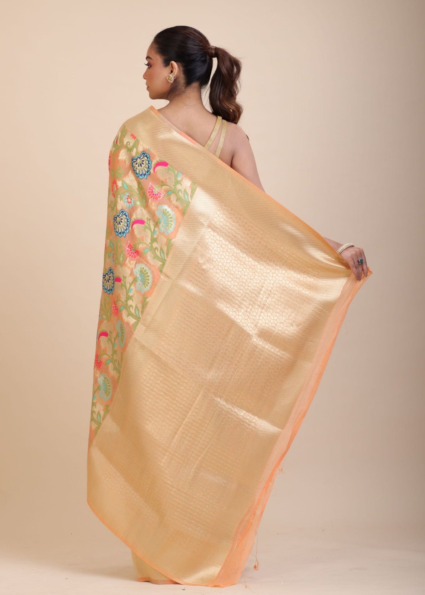 Peach Paithani Silk Saree With Multicolor Floral Weave - Anvi Couture