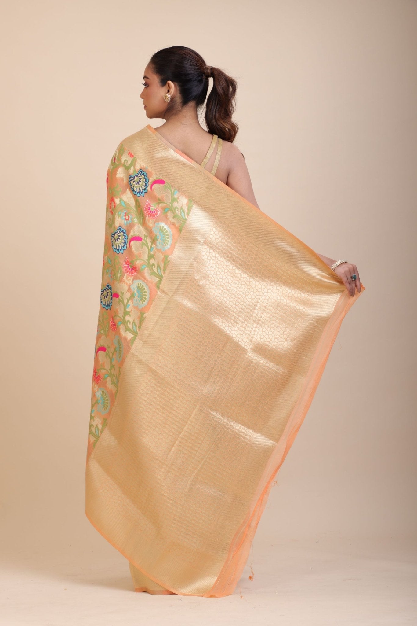 Peach Paithani Silk Saree With Multicolor Floral Weave - Anvi Couture