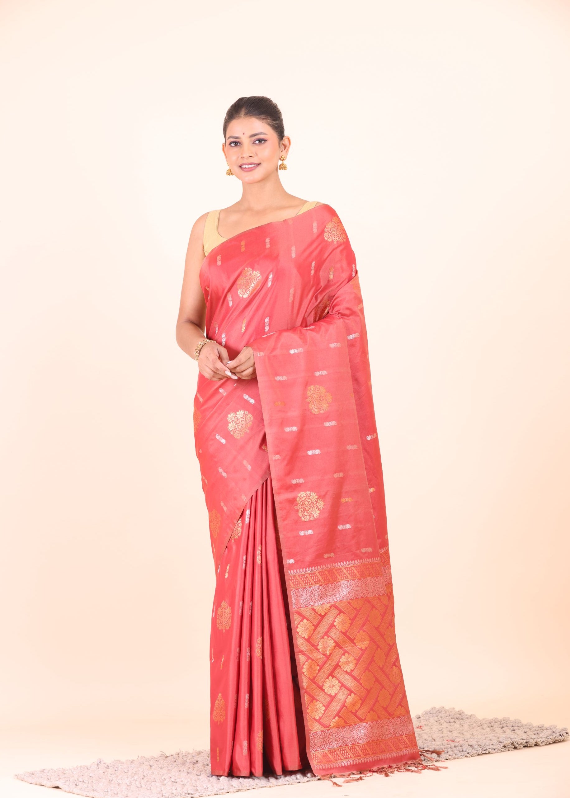 Peach Silk Floral Zari  Woven Saree full