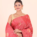 Peach Silk Floral Zari  Woven Saree close up