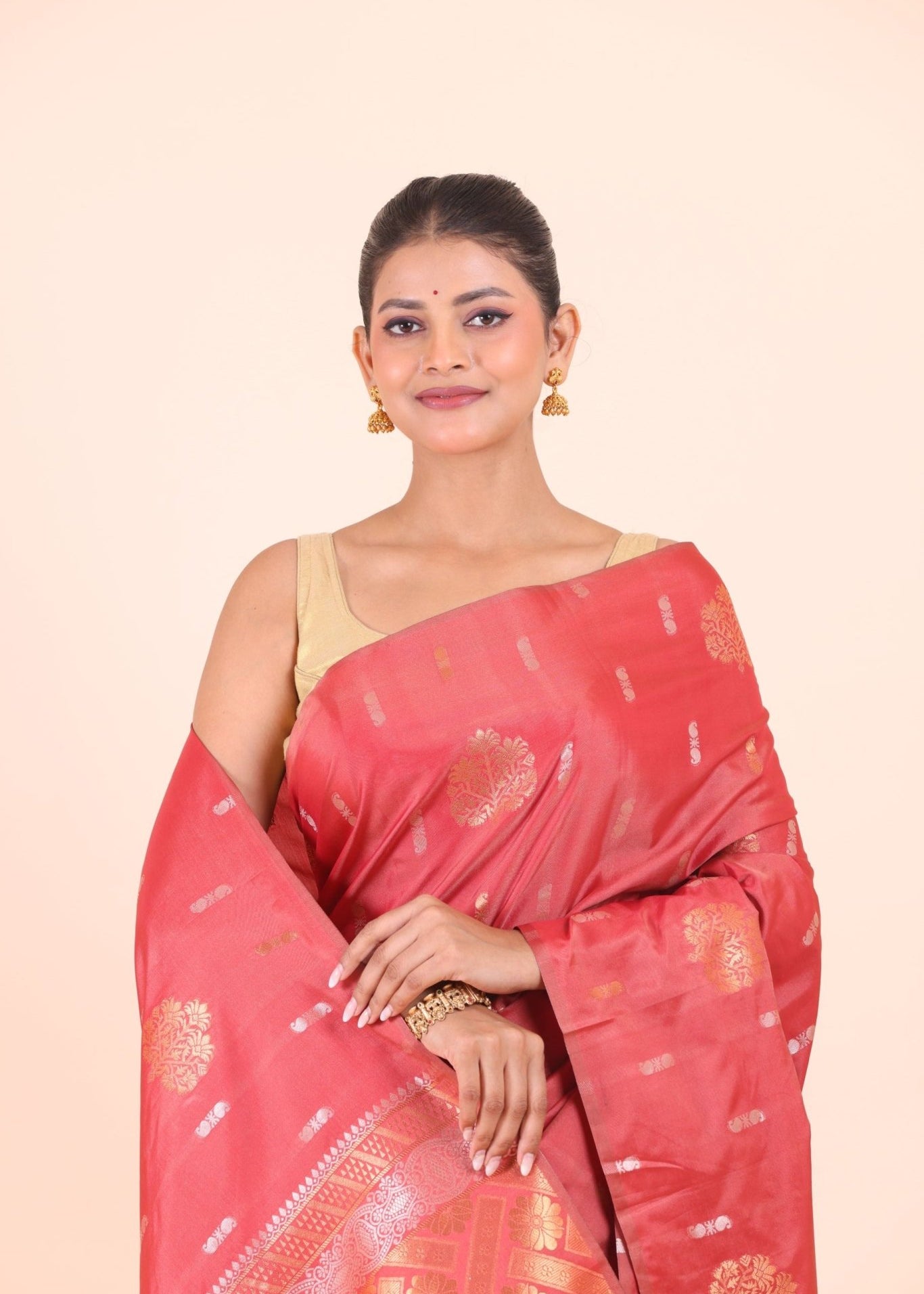 Peach Silk Floral Zari Woven Saree - Anvi Couture