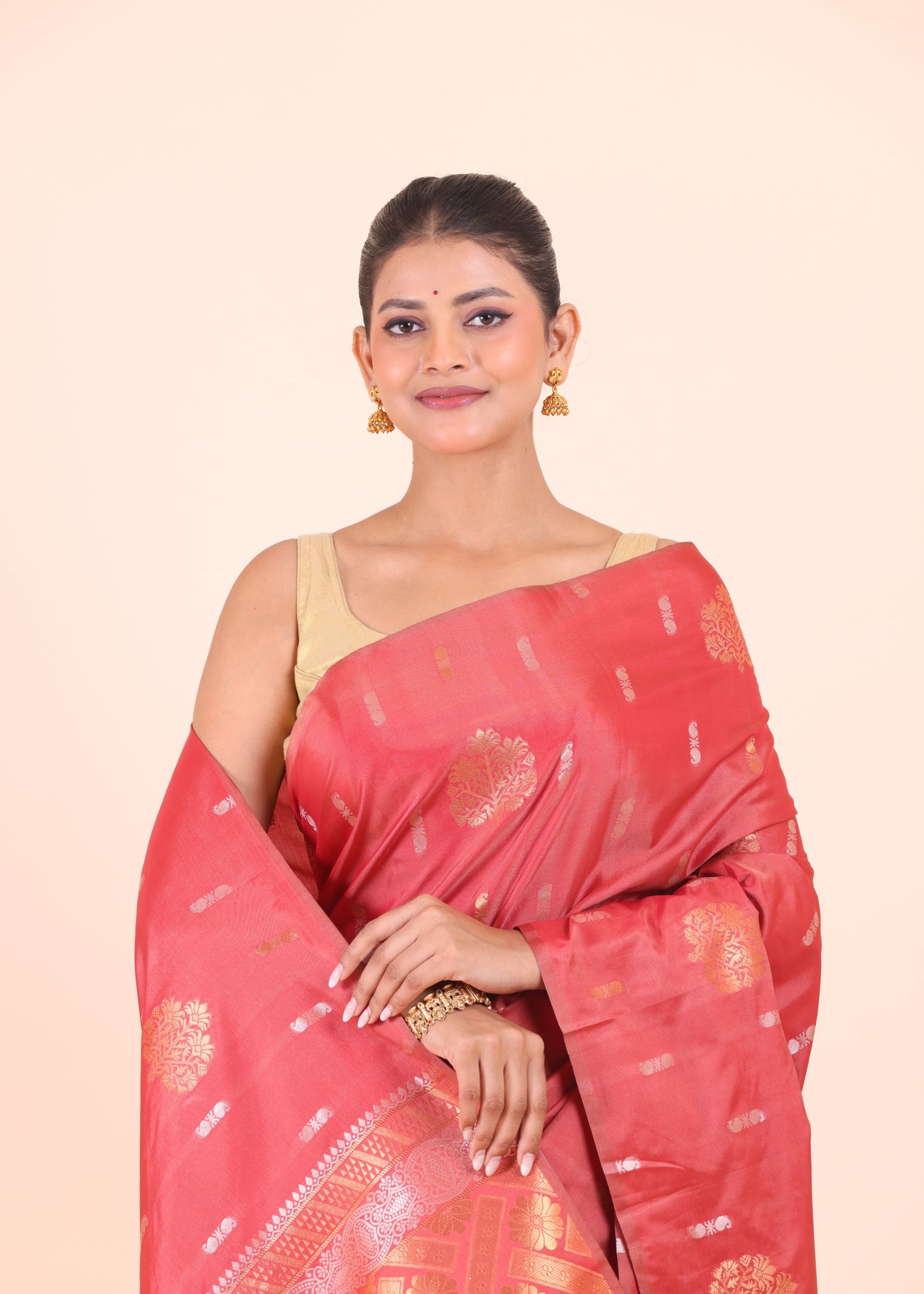 Peach Silk Floral Zari  Woven Saree close up