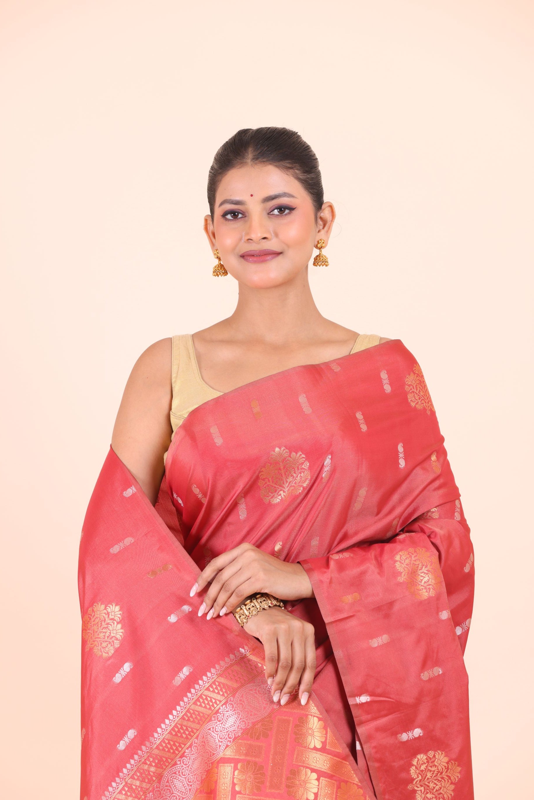 Peach Silk Floral Zari  Woven Saree close up