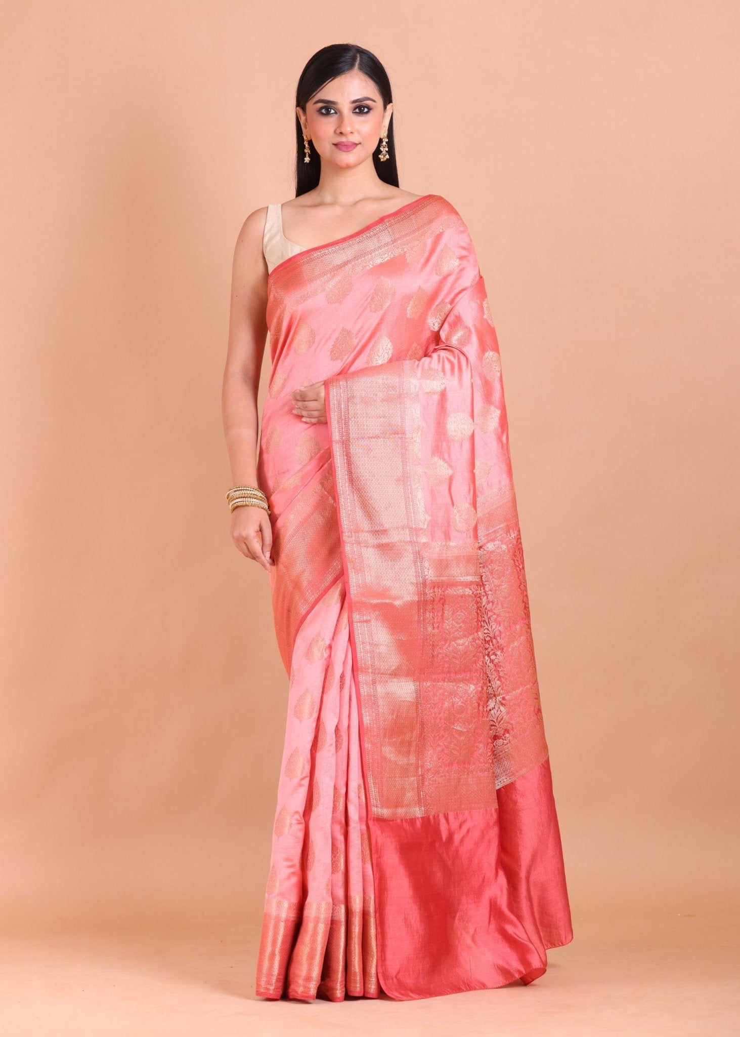 Peach Silk Saree with Golden Floral woven - Anvi Couture
