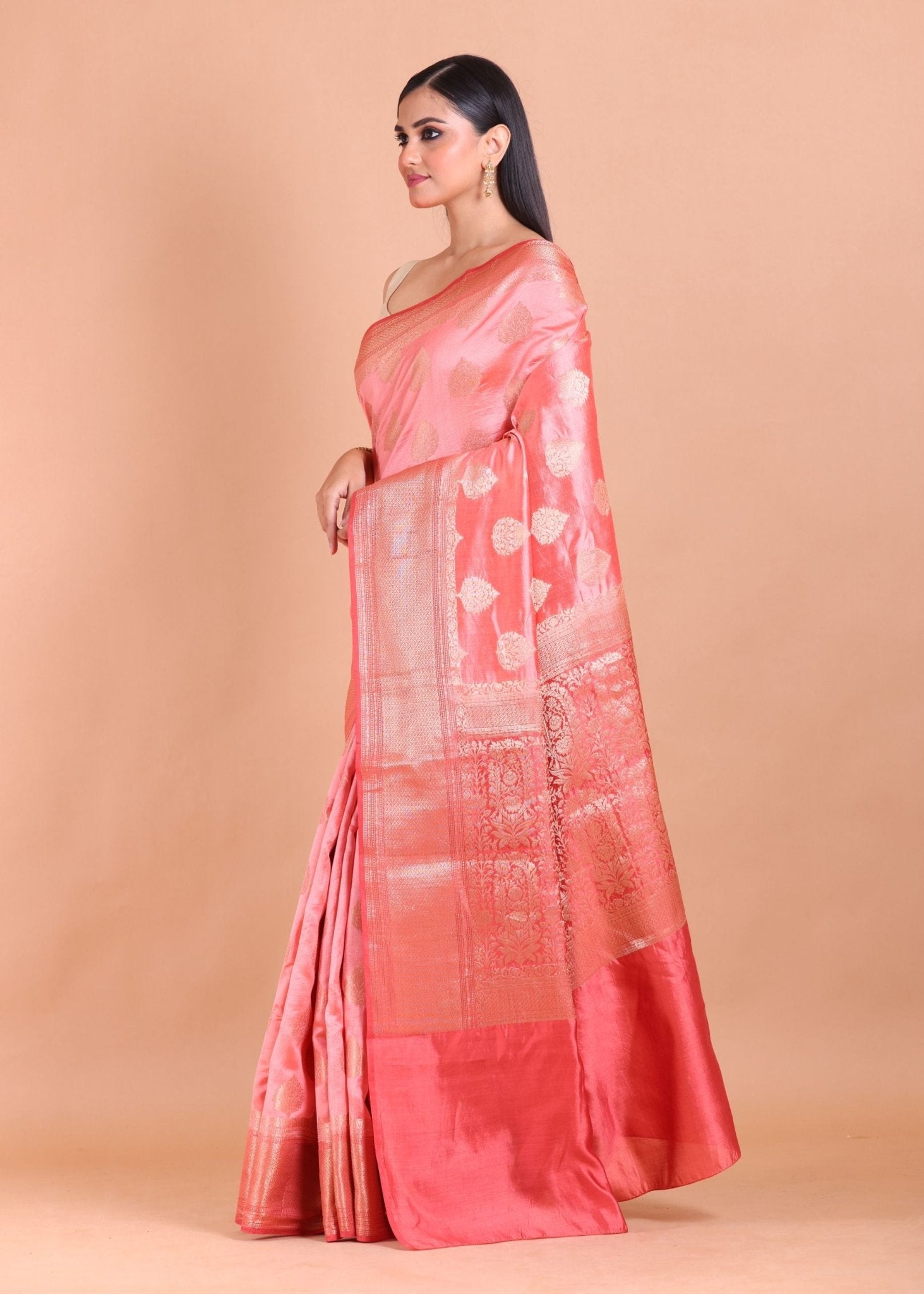 Peach Silk Saree with Golden Floral woven - Anvi Couture