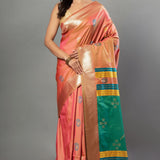 Peach Soft Silk Saree with Multicolor Pallu - Anvi Couture - Front 1