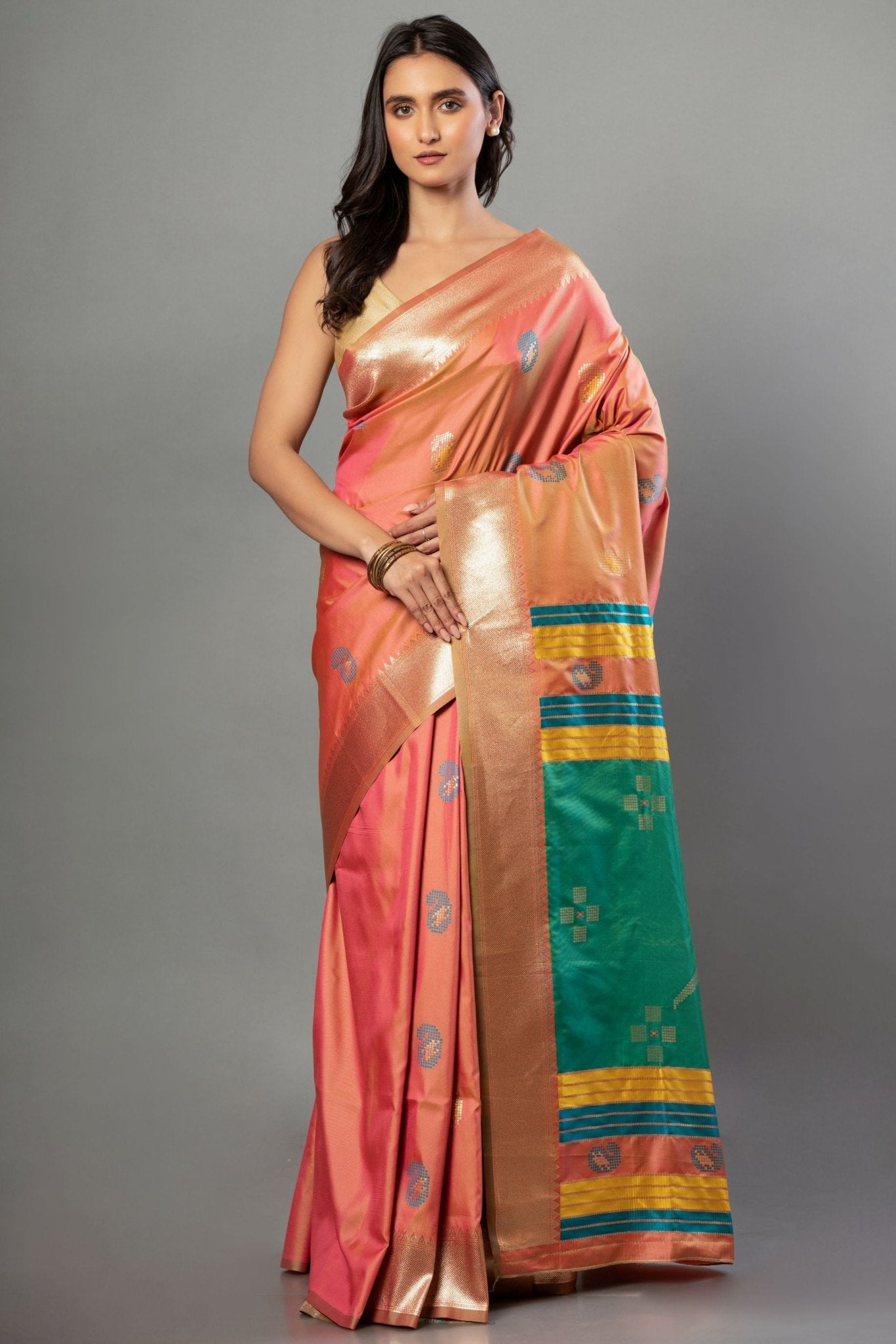 Peach Soft Silk Saree with Multicolor Pallu - Anvi Couture - Front 1
