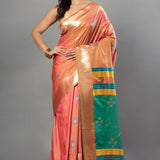 Peach Soft Silk Saree with Multicolor Pallu - Anvi Couture - Front 2