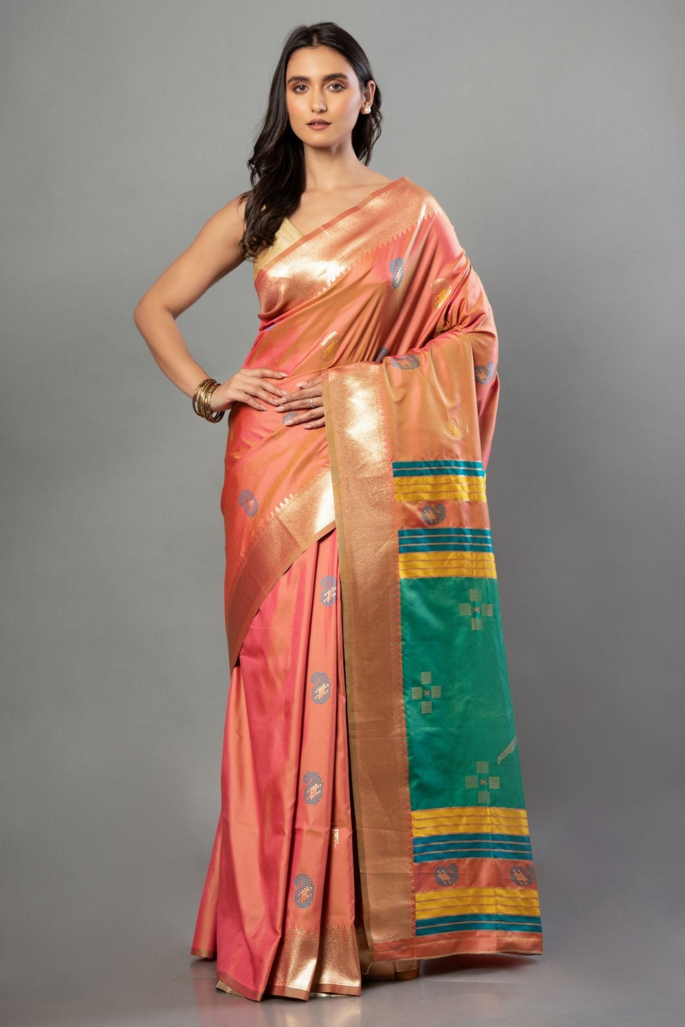 Peach Soft Silk Saree with Multicolor Pallu - Anvi Couture - Front 2