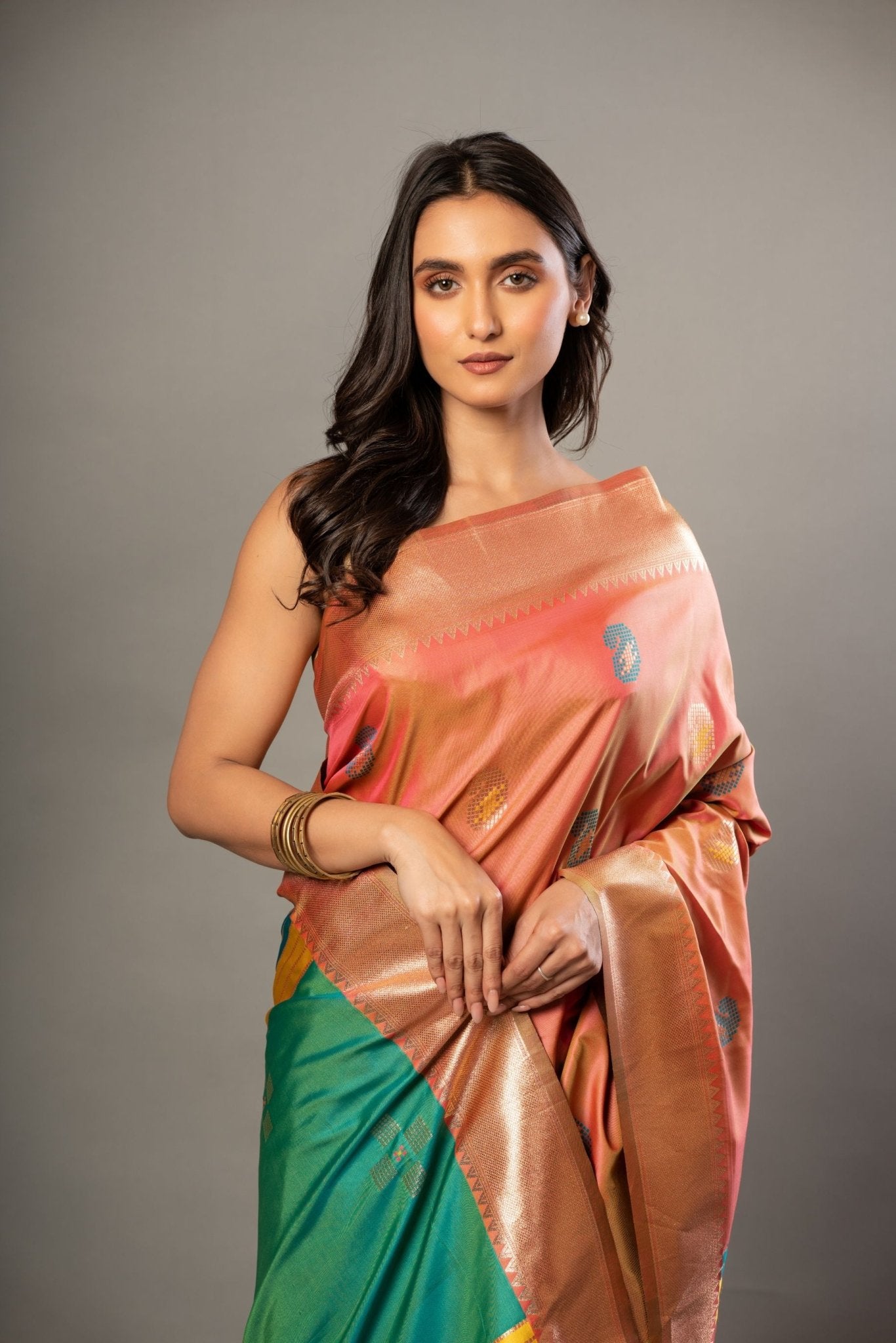 Peach Soft Silk Saree with Multicolor Pallu - Anvi Couture - Front 3