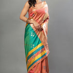 Peach Soft Silk Saree with Multicolor Pallu - Anvi Couture - Front 4