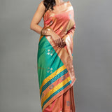 Peach Soft Silk Saree with Multicolor Pallu - Anvi Couture - Front 4