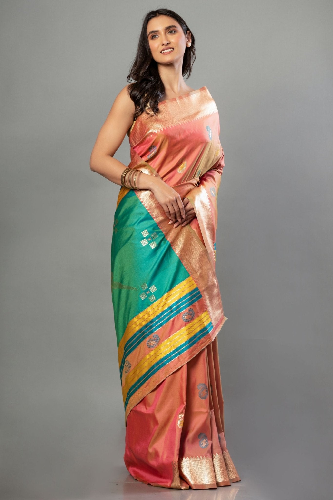 Peach Soft Silk Saree with Multicolor Pallu - Anvi Couture - Front 4