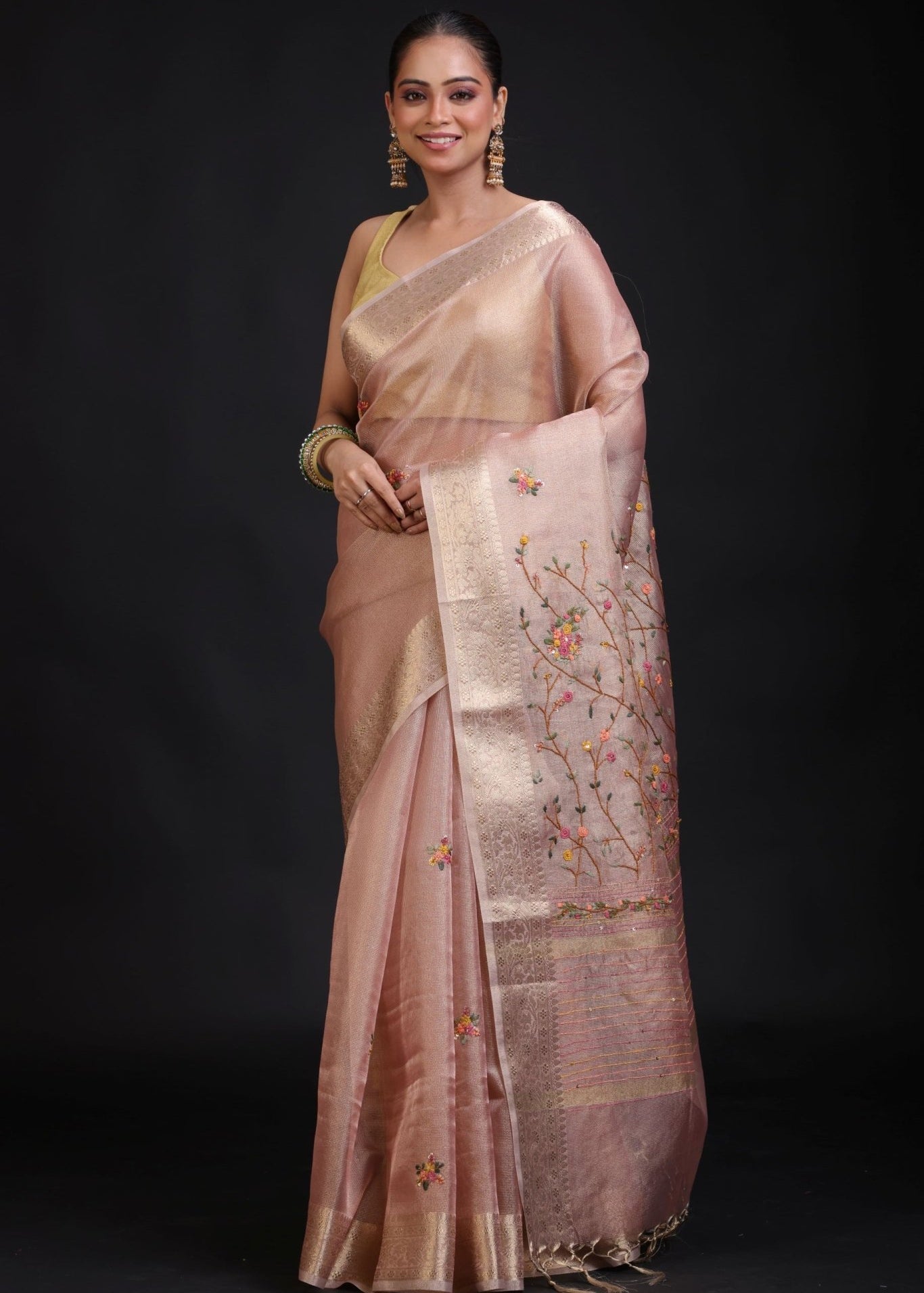 Peach Tissue Silk Embroidered Saree - Anvi Couture