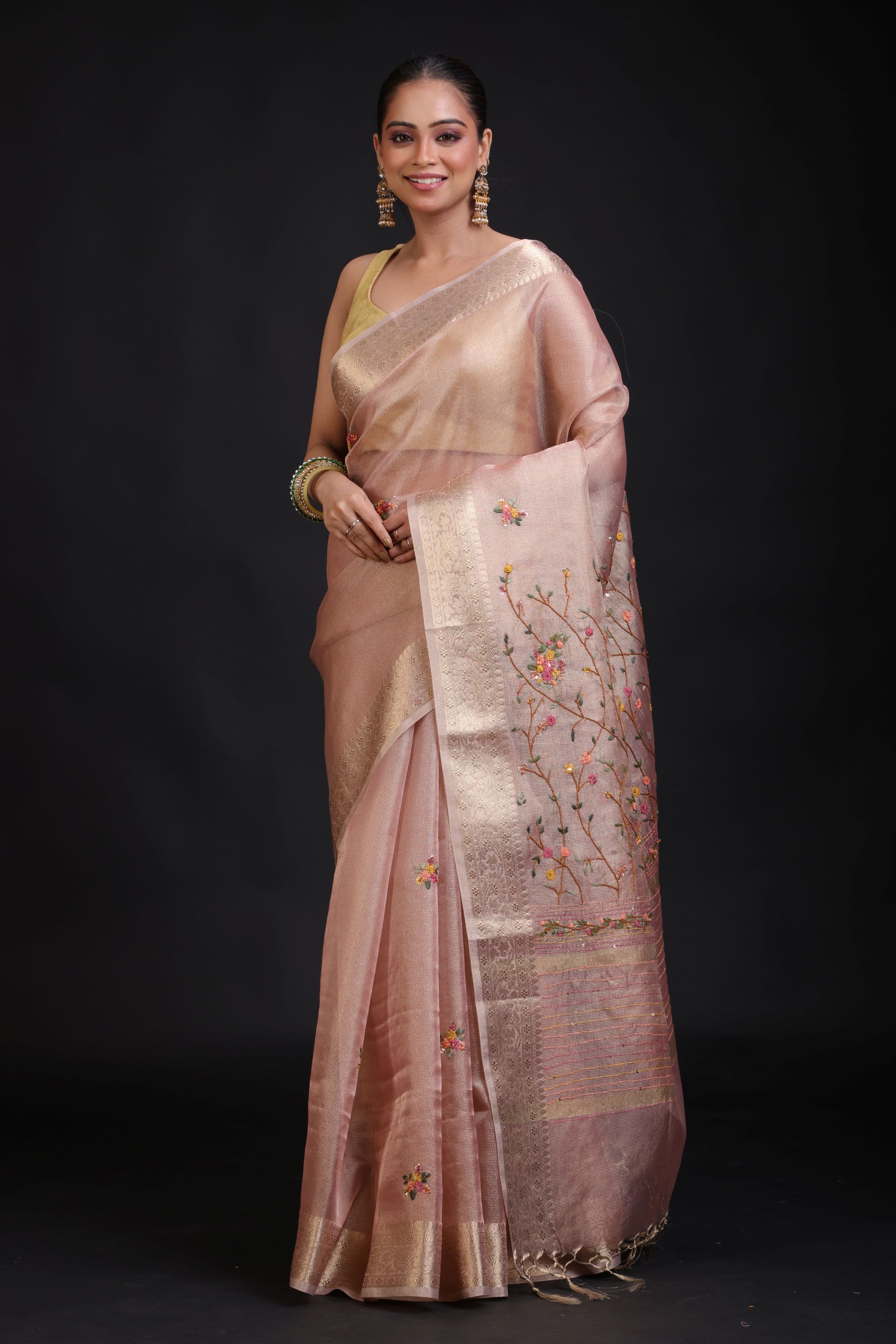 Peach Tissue Silk Embroidered Saree full