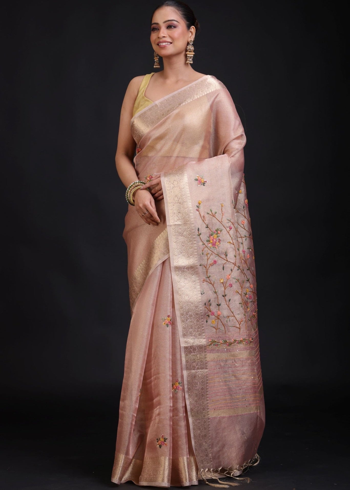 Peach Tissue Silk Embroidered Saree - Anvi Couture