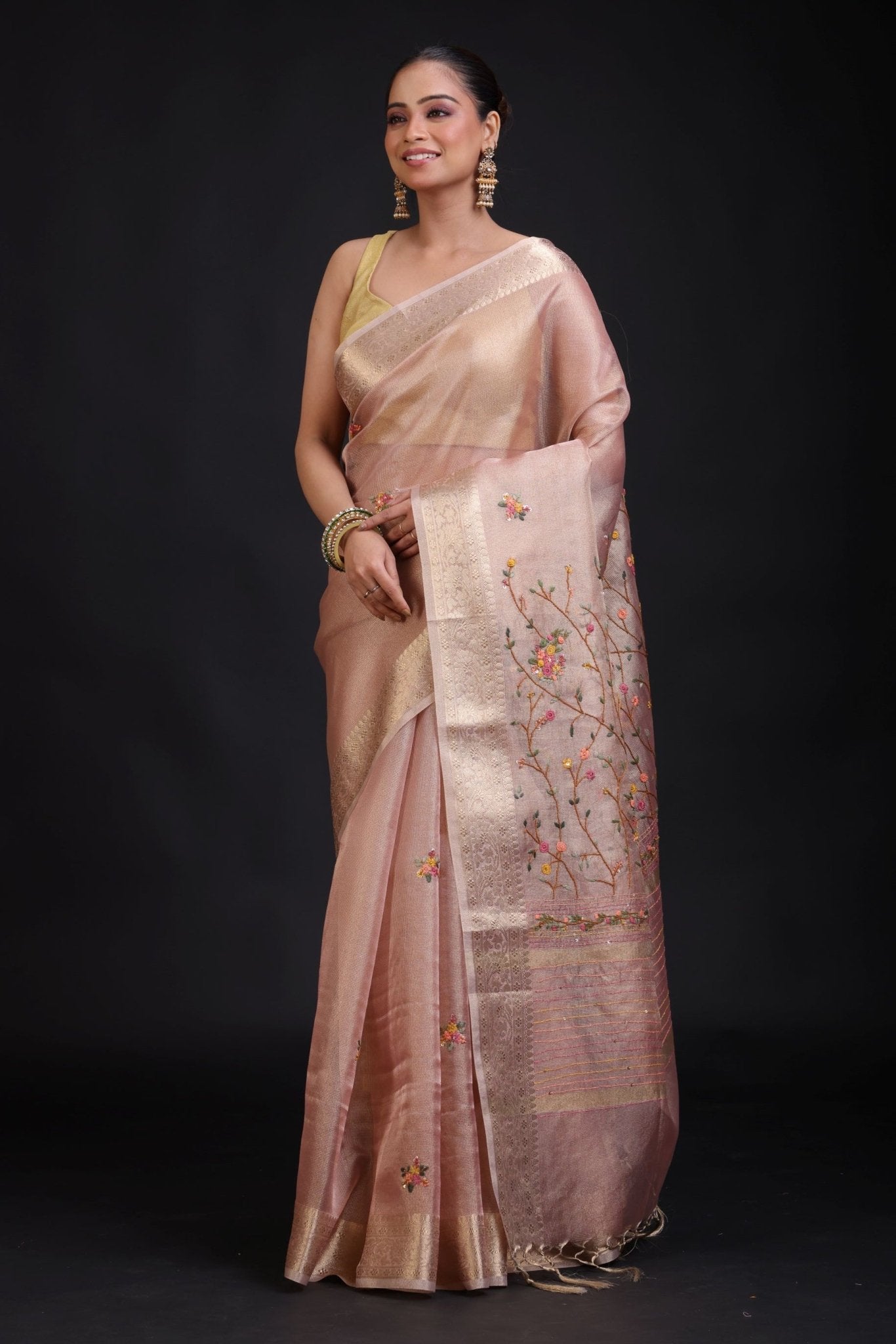 Peach Tissue Silk Embroidered Saree - Anvi Couture