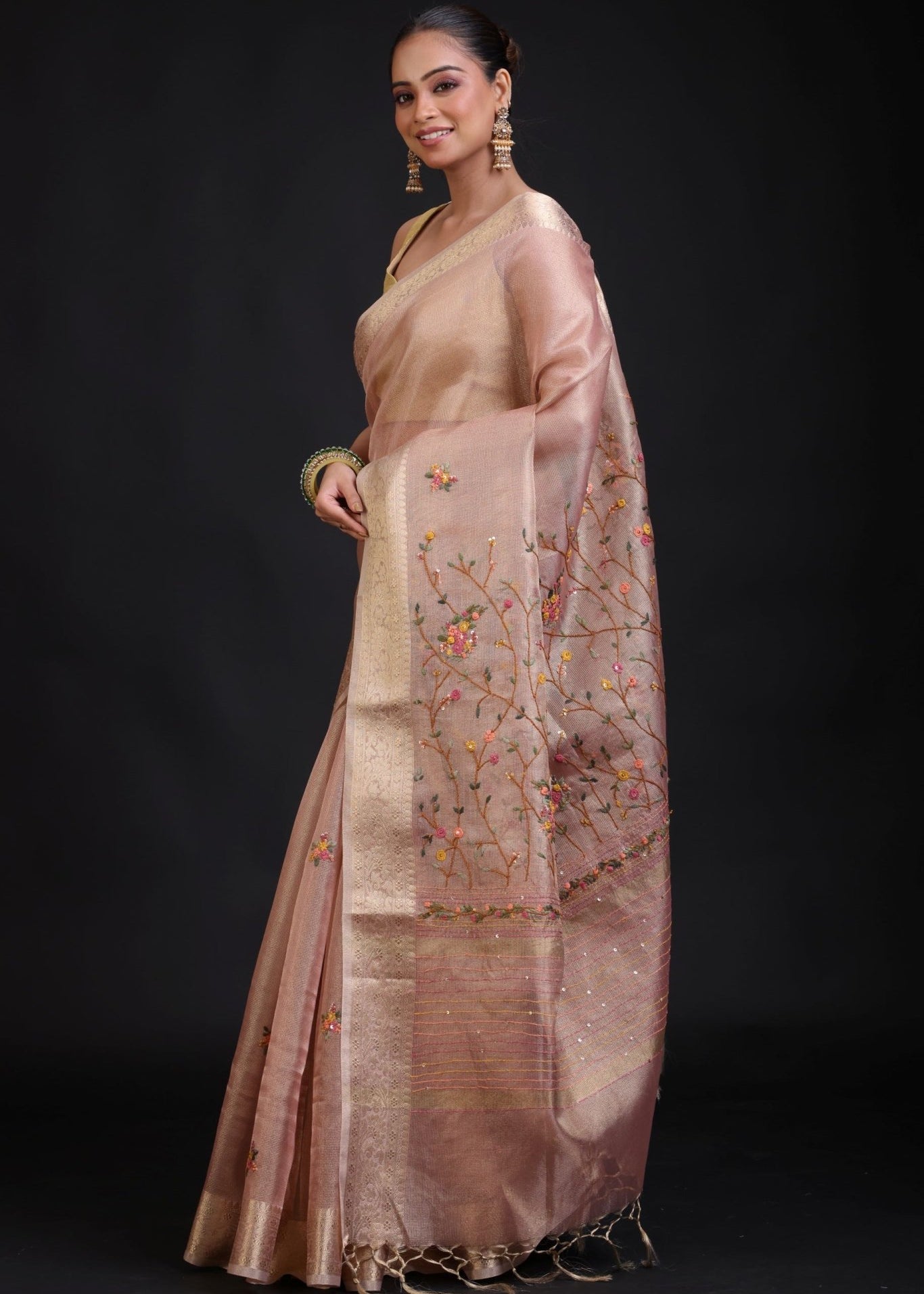 Peach Tissue Silk Embroidered Saree - Anvi Couture