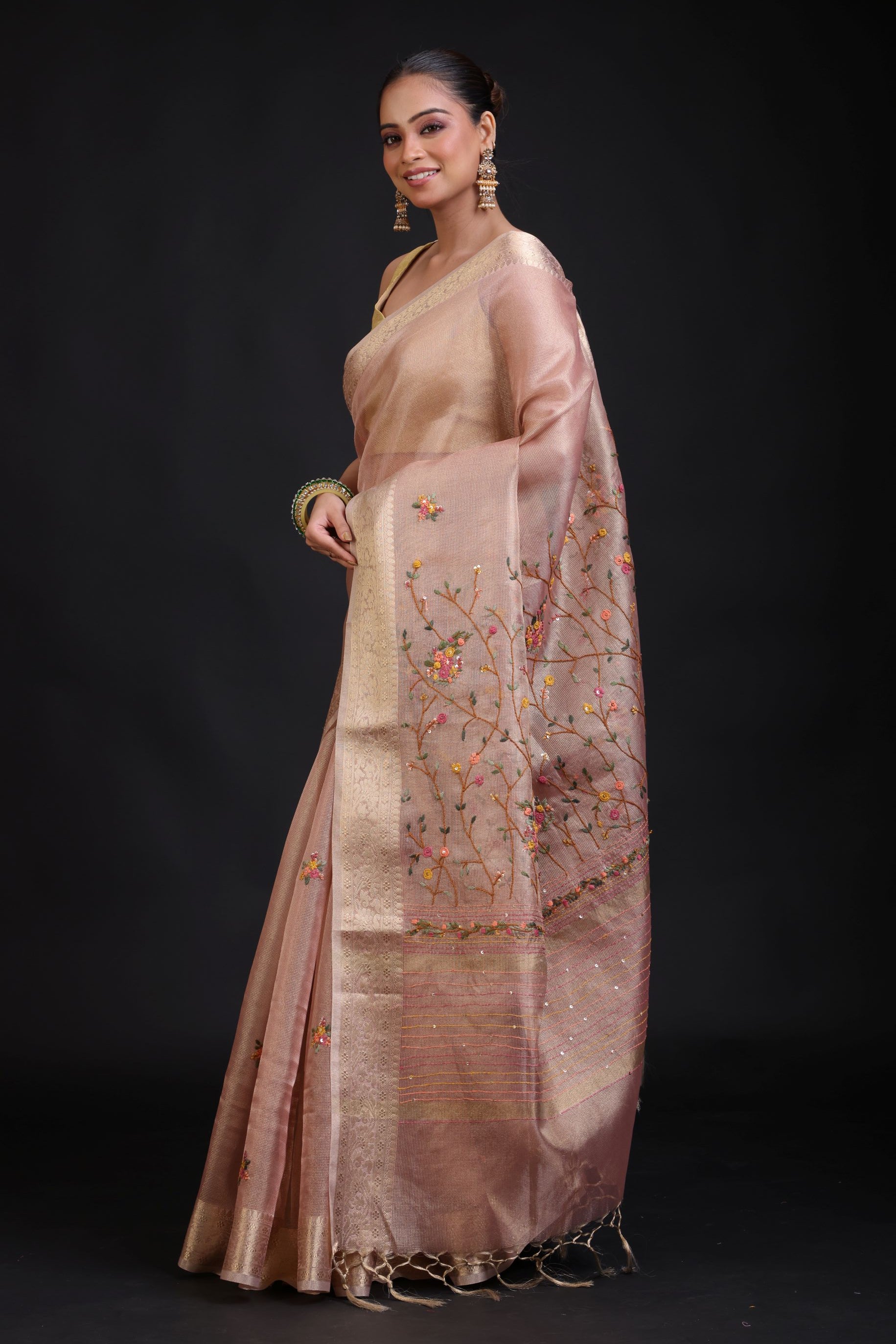 Peach Tissue Silk Embroidered Saree side