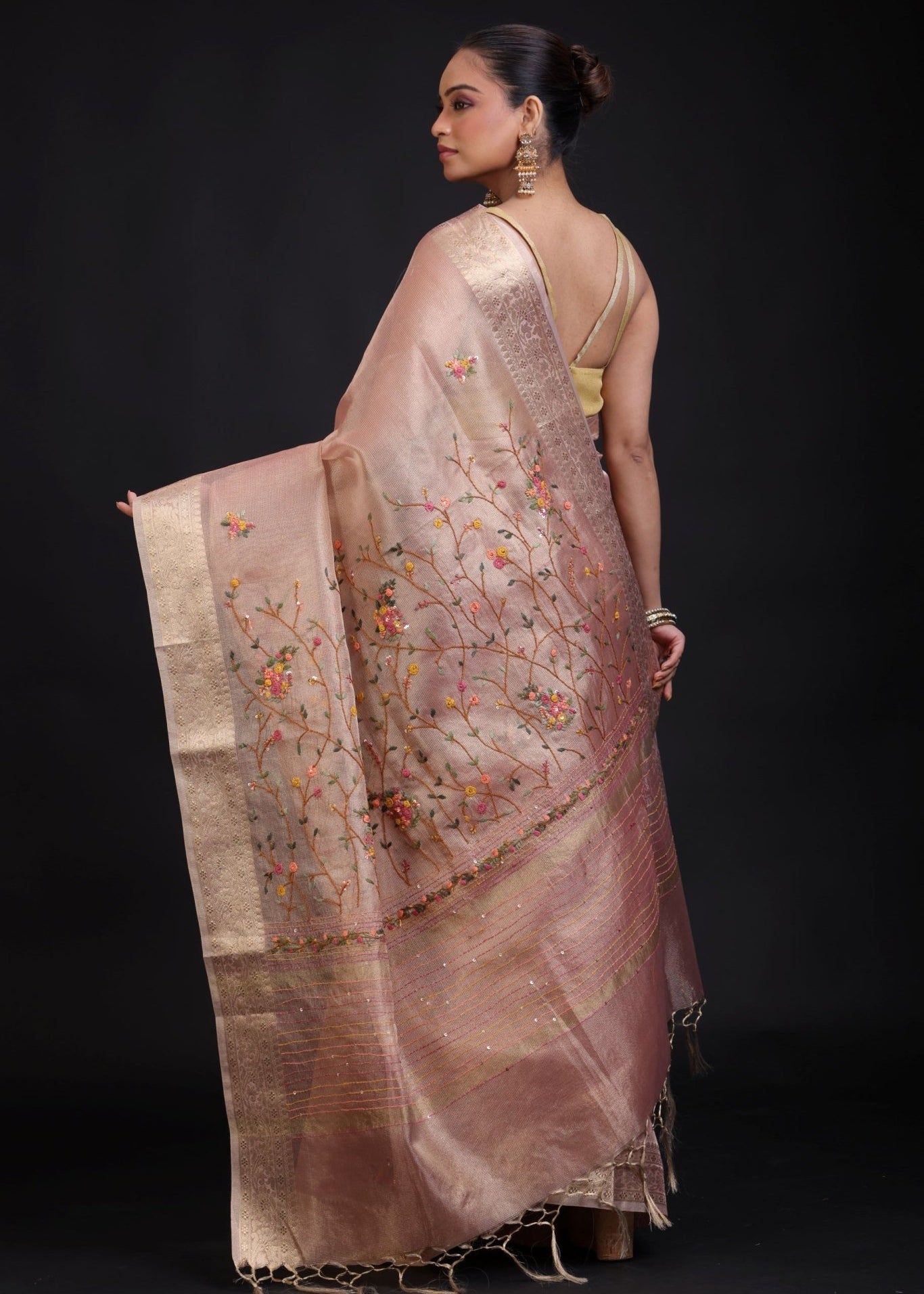 Peach Tissue Silk Embroidered Saree - Anvi Couture