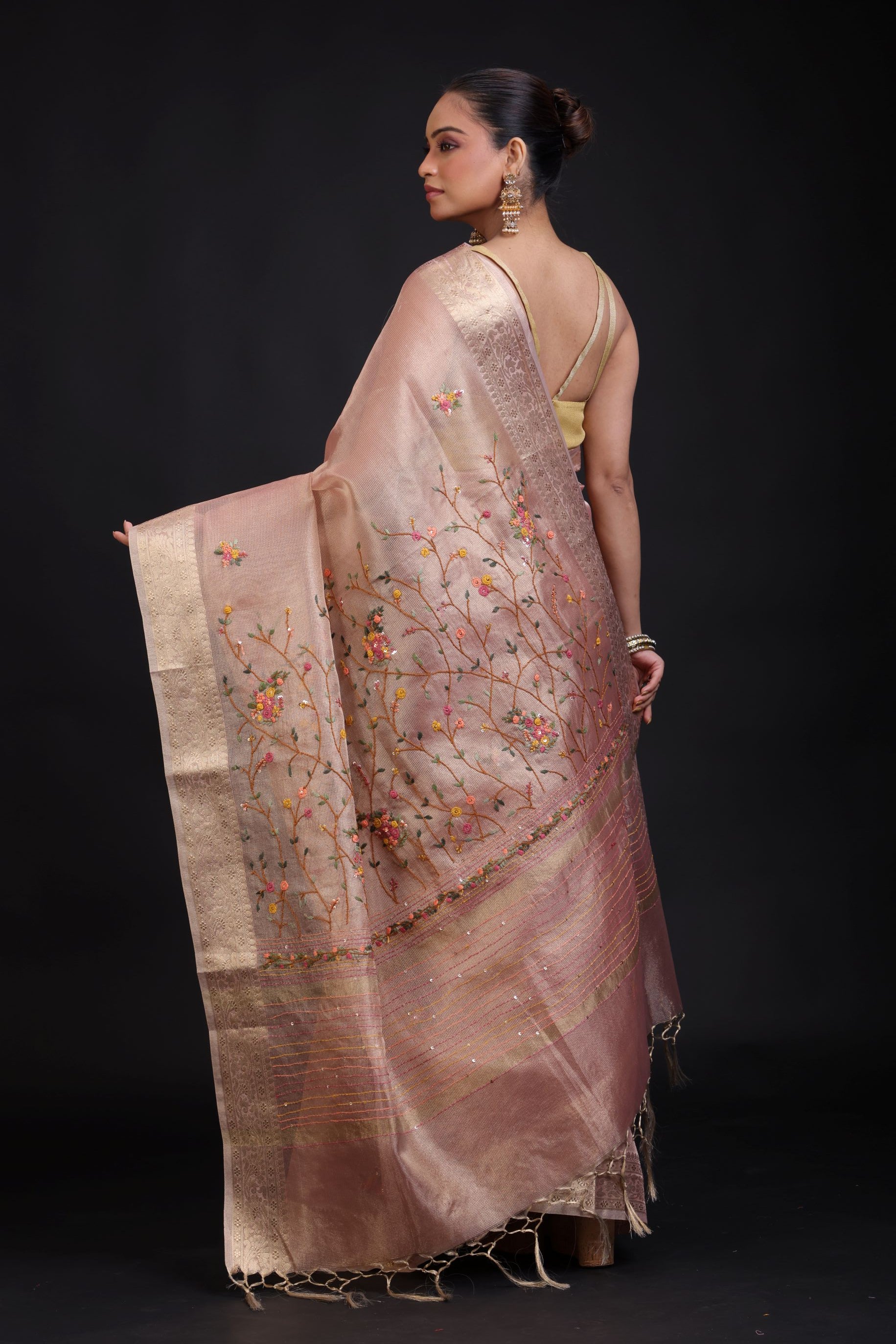 Peach Tissue Silk Embroidered Saree back