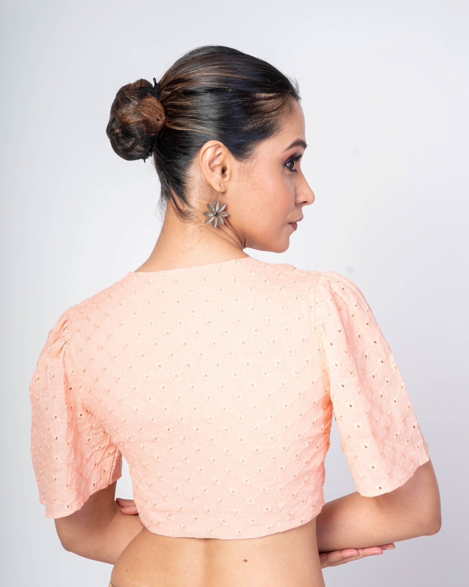 Peach V - Neck Hakoba Blouse With Back Closure - Anvi Couture