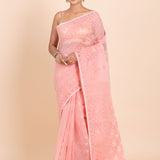 Peach and Gold Bangladeshi Dhakai Jamdani with allover floral weaving full