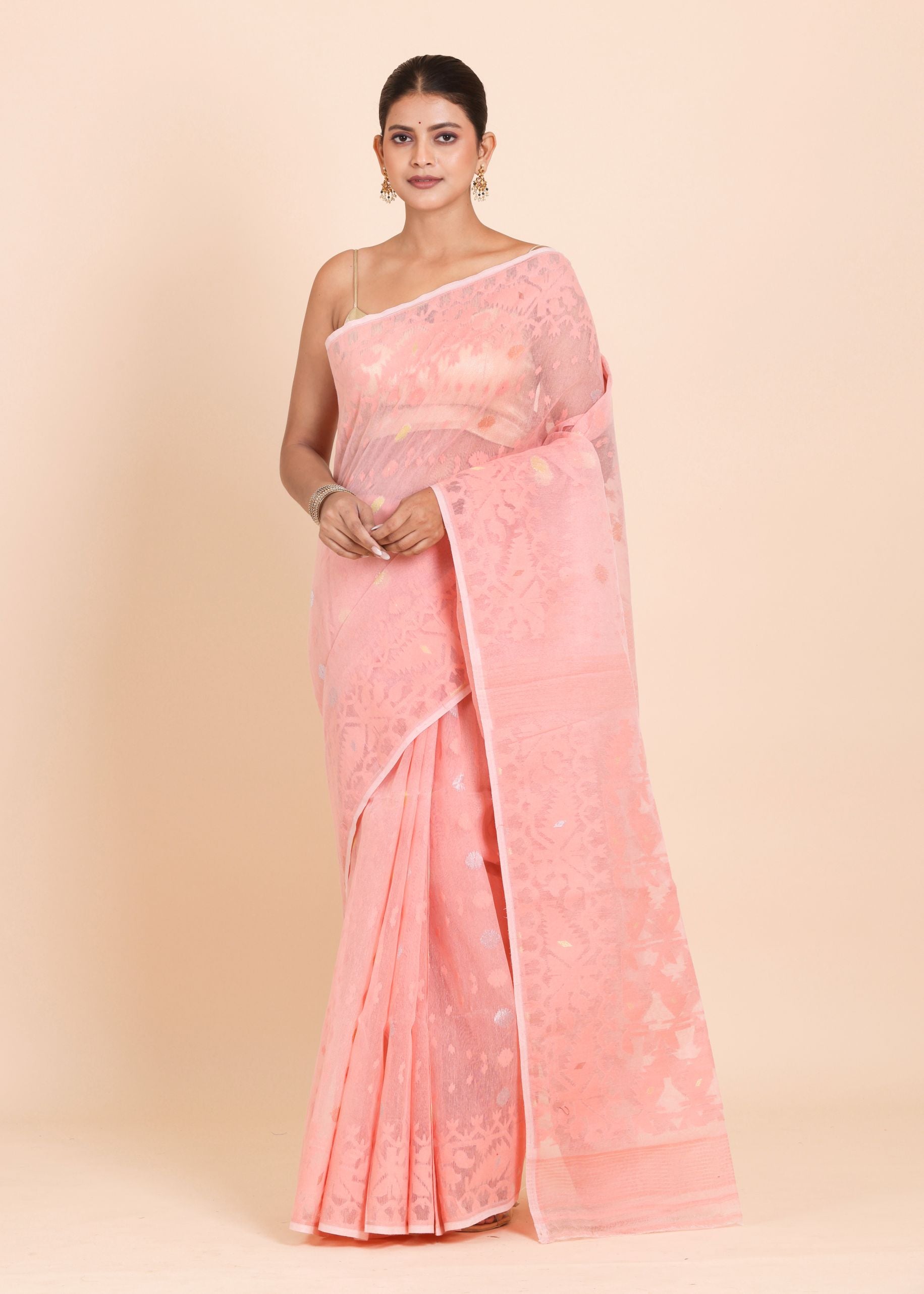 Peach and Gold Bangladeshi Dhakai Jamdani with allover floral weaving full