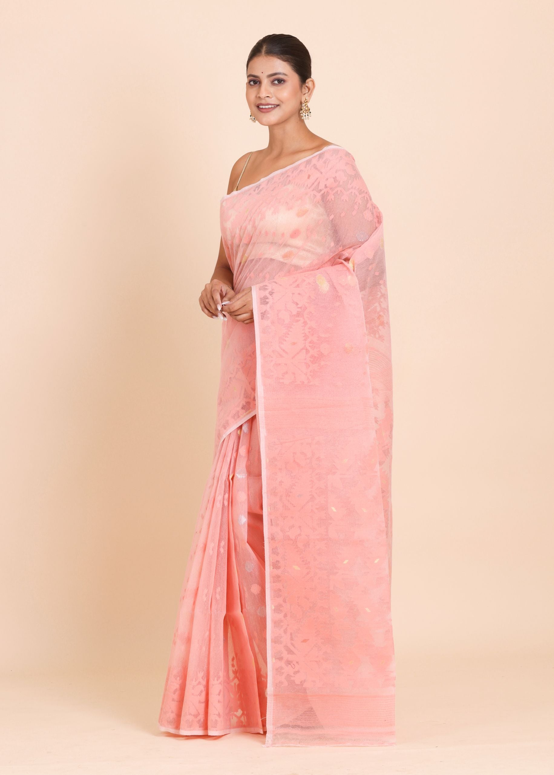 Peach and Gold Bangladeshi Dhakai Jamdani with allover floral weaving front