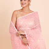 Peach and Gold Bangladeshi Dhakai Jamdani with allover floral weaving close up