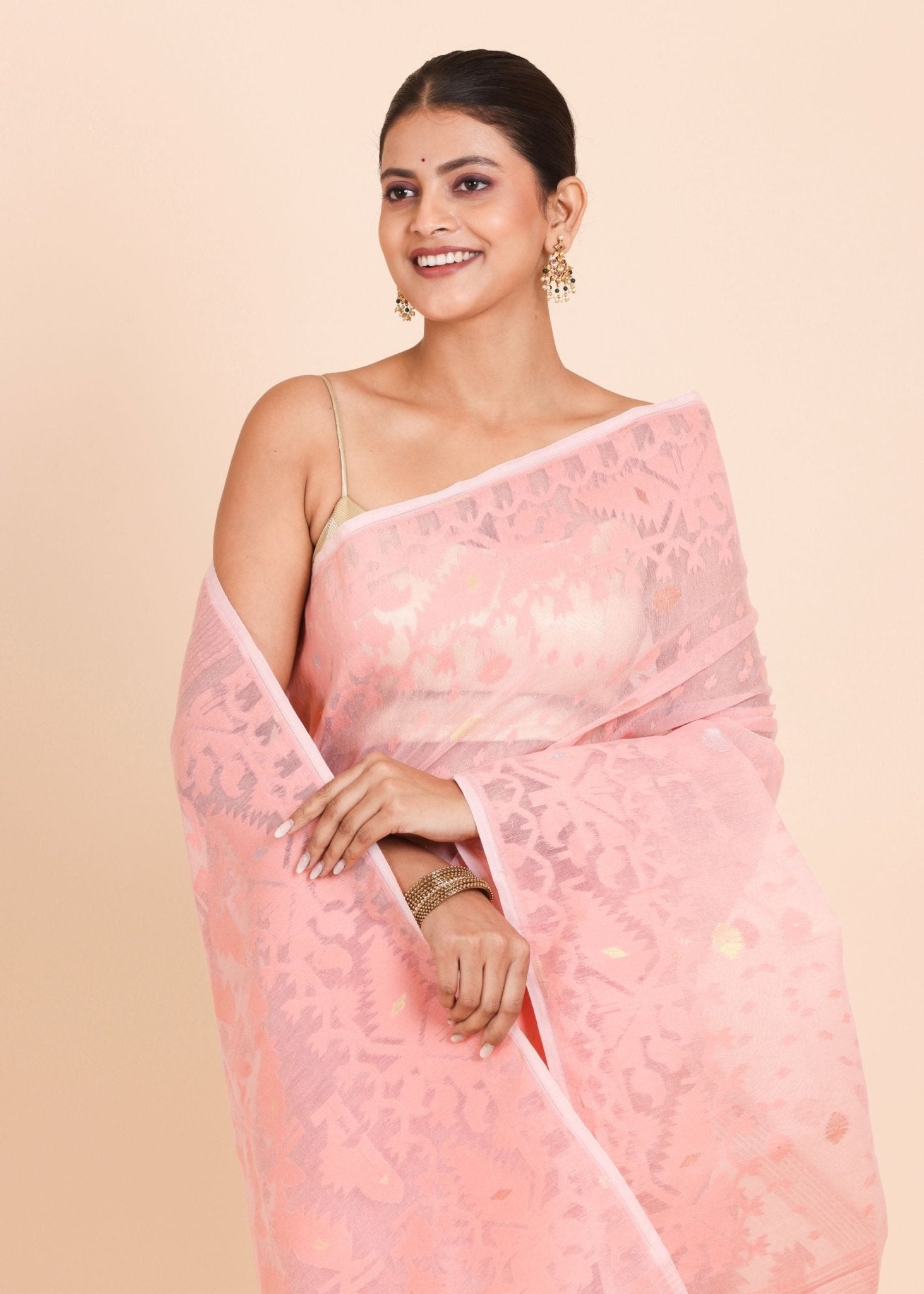 Peach and Gold Bangladeshi Dhakai Jamdani with allover floral weaving - Anvi Couture
