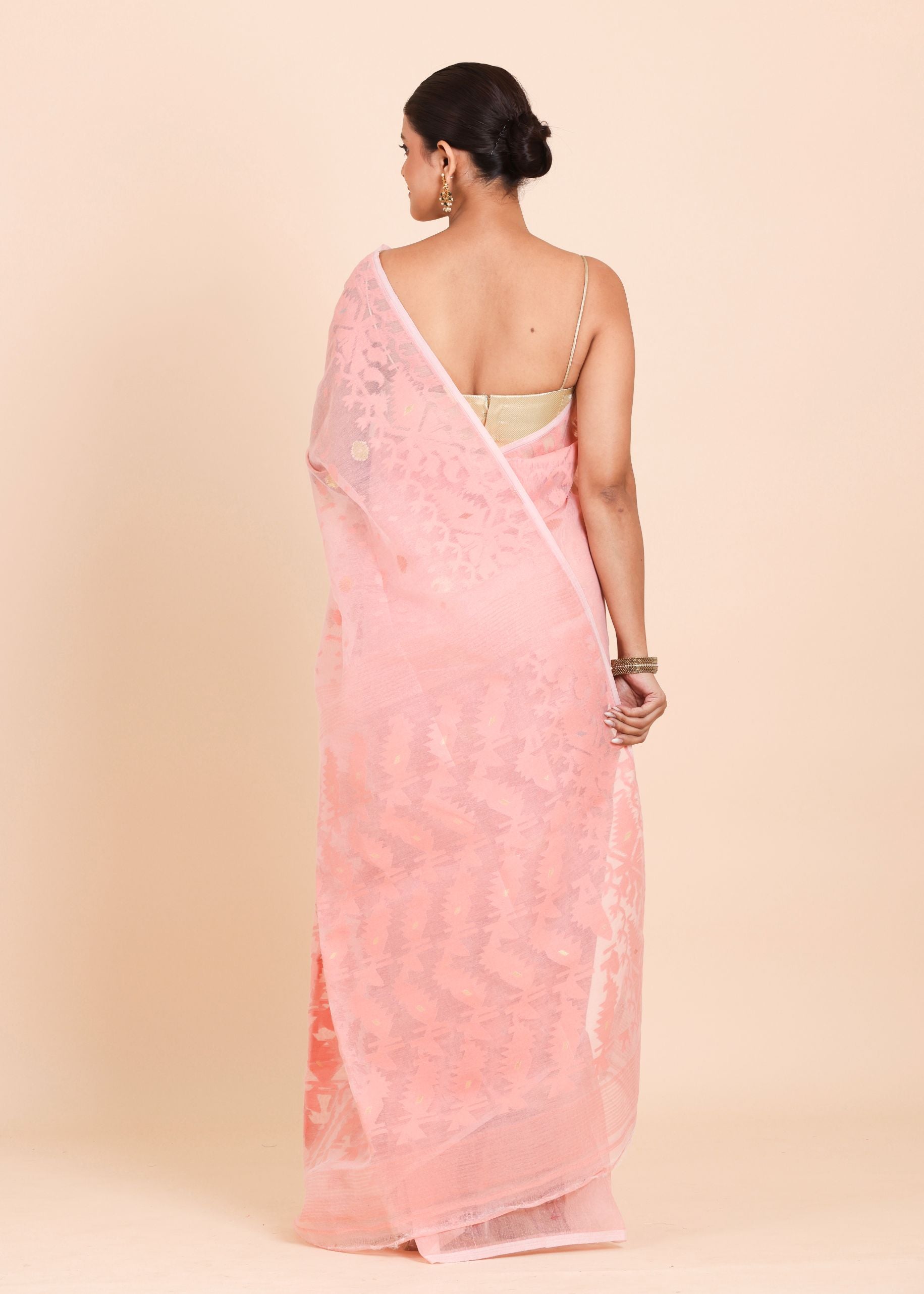 Peach and Gold Bangladeshi Dhakai Jamdani with allover floral weaving back