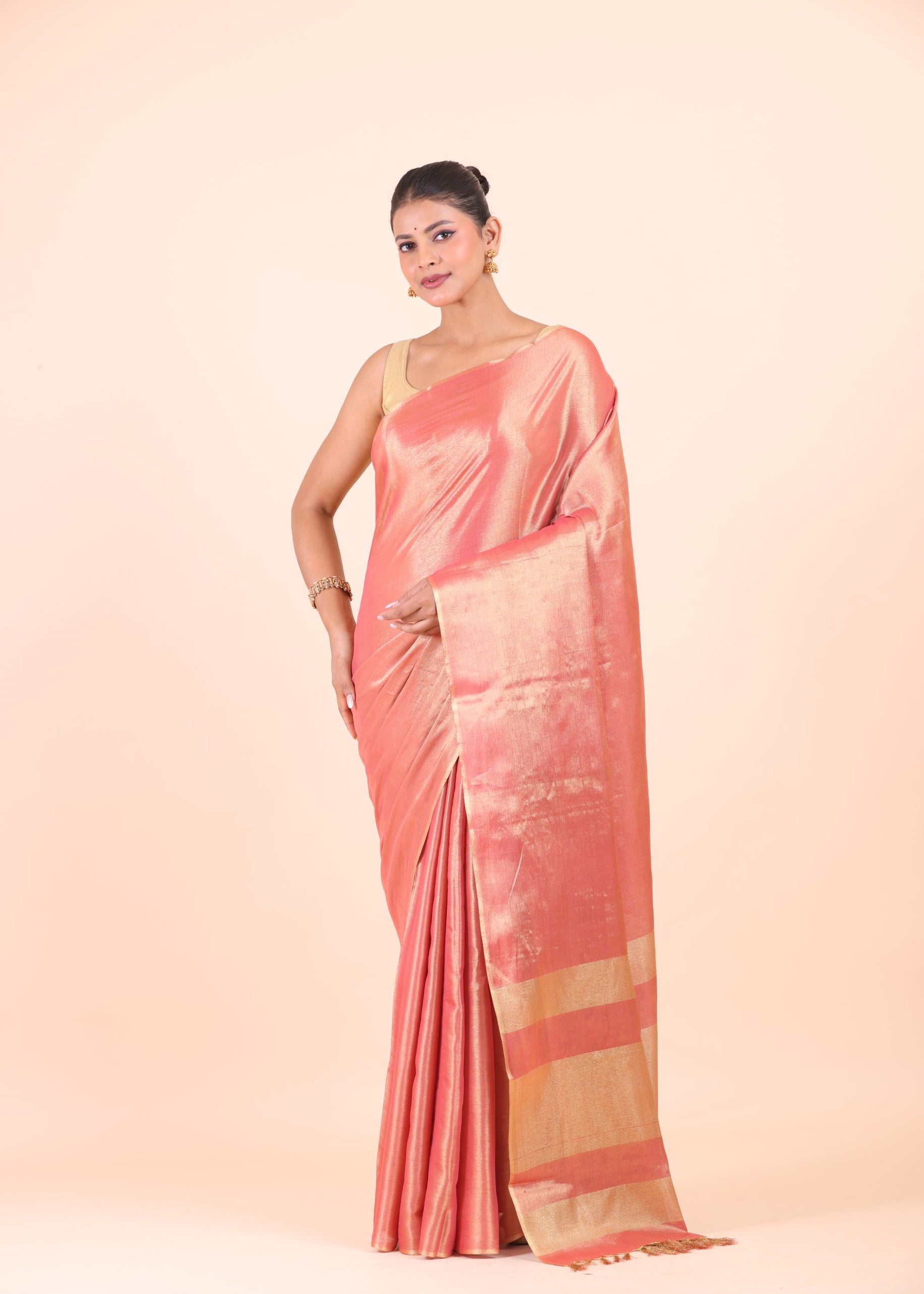 Peach and Gold Dual Tone Tissue Silk Saree Front View