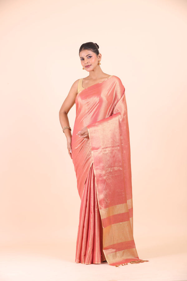 Peach and Gold Dual Tone Tissue Silk Saree Front View