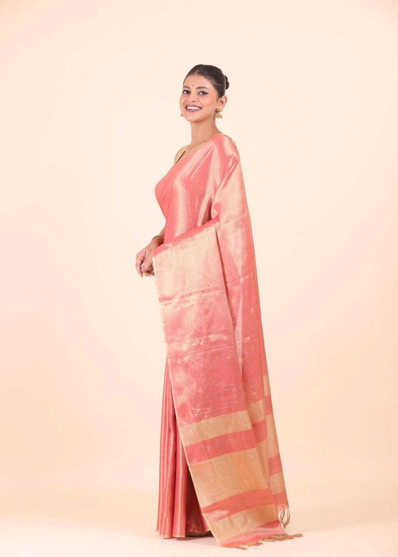 Peach and Gold Dual Tone Tissue Silk Saree - Anvi Couture