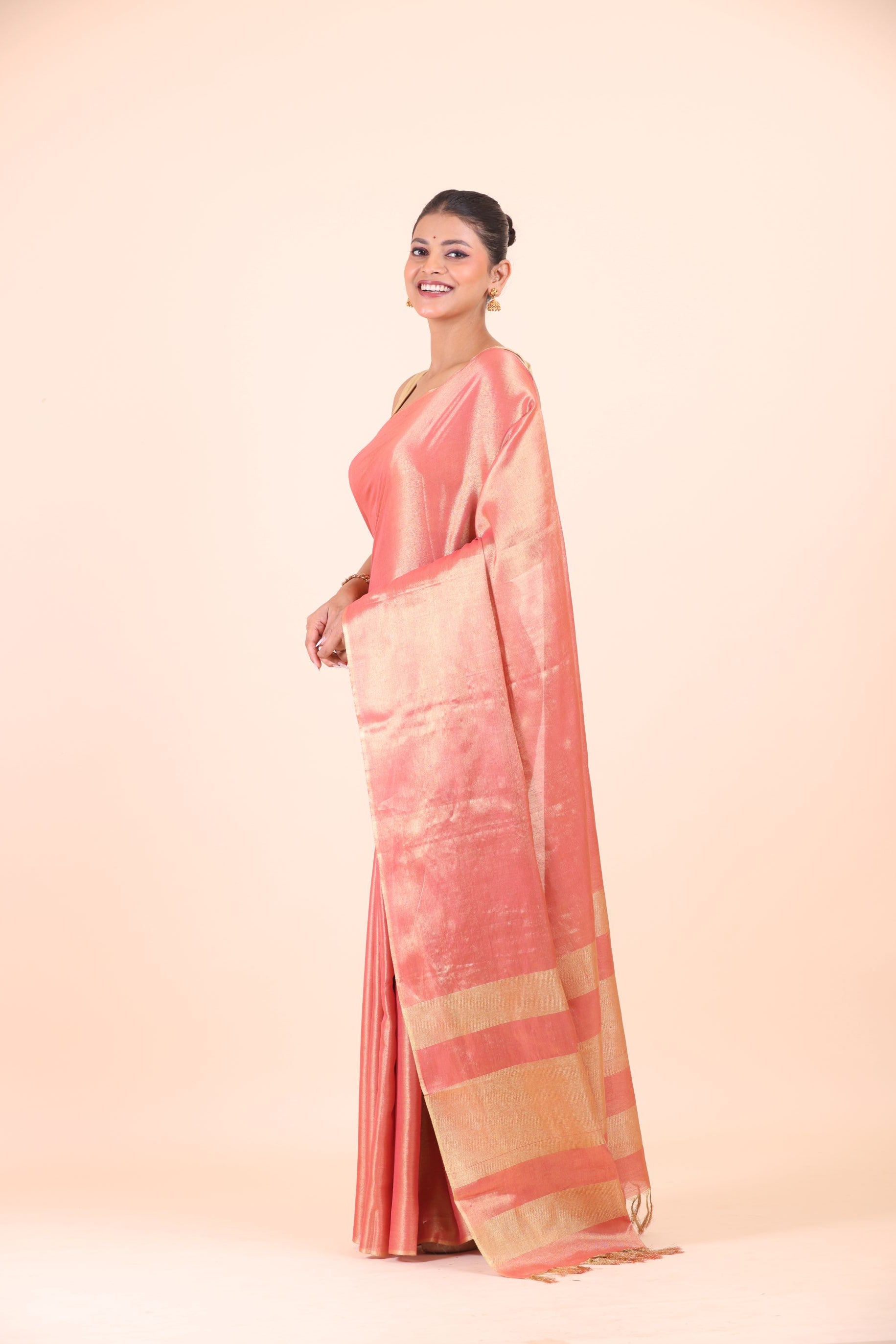 Peach and Gold Dual Tone Tissue Silk Saree  Side View