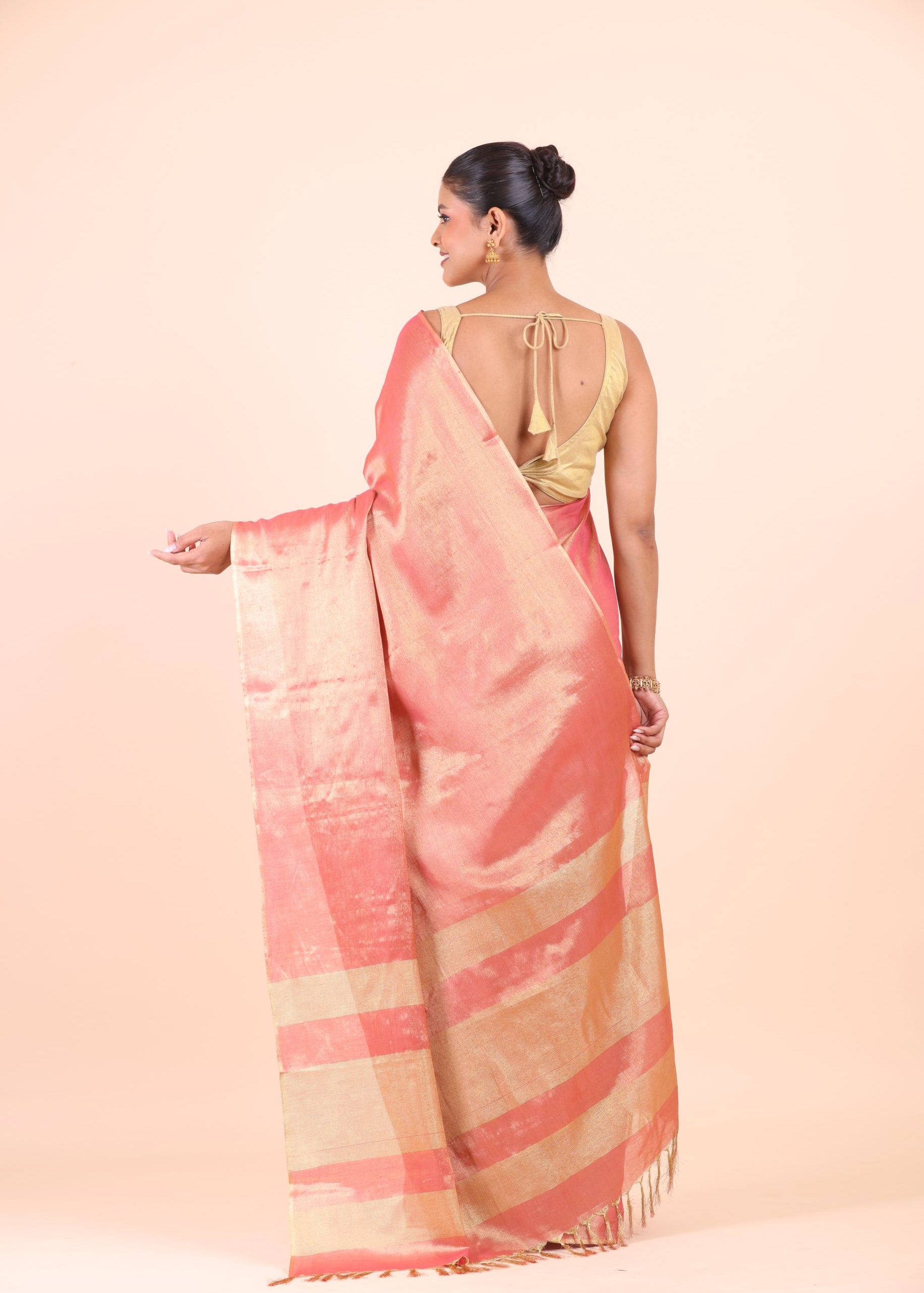 Peach and Gold Dual Tone Tissue Silk Saree Back View