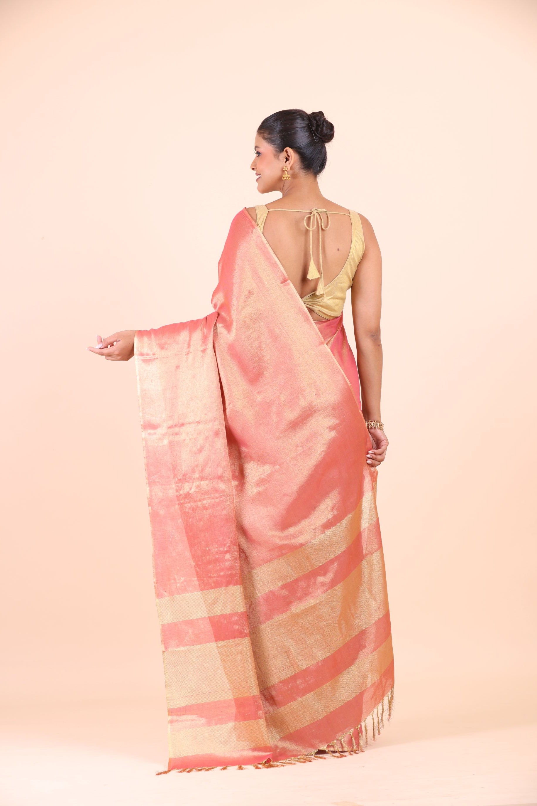 Peach and Gold Dual Tone Tissue Silk Saree Back View