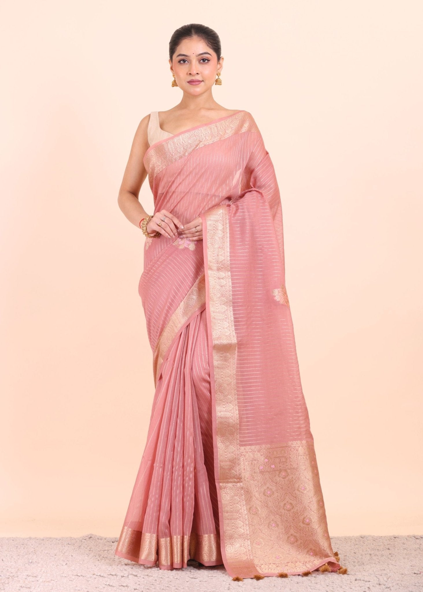 Peach and Gold Organza Saree with Golden Border - Anvi Couture