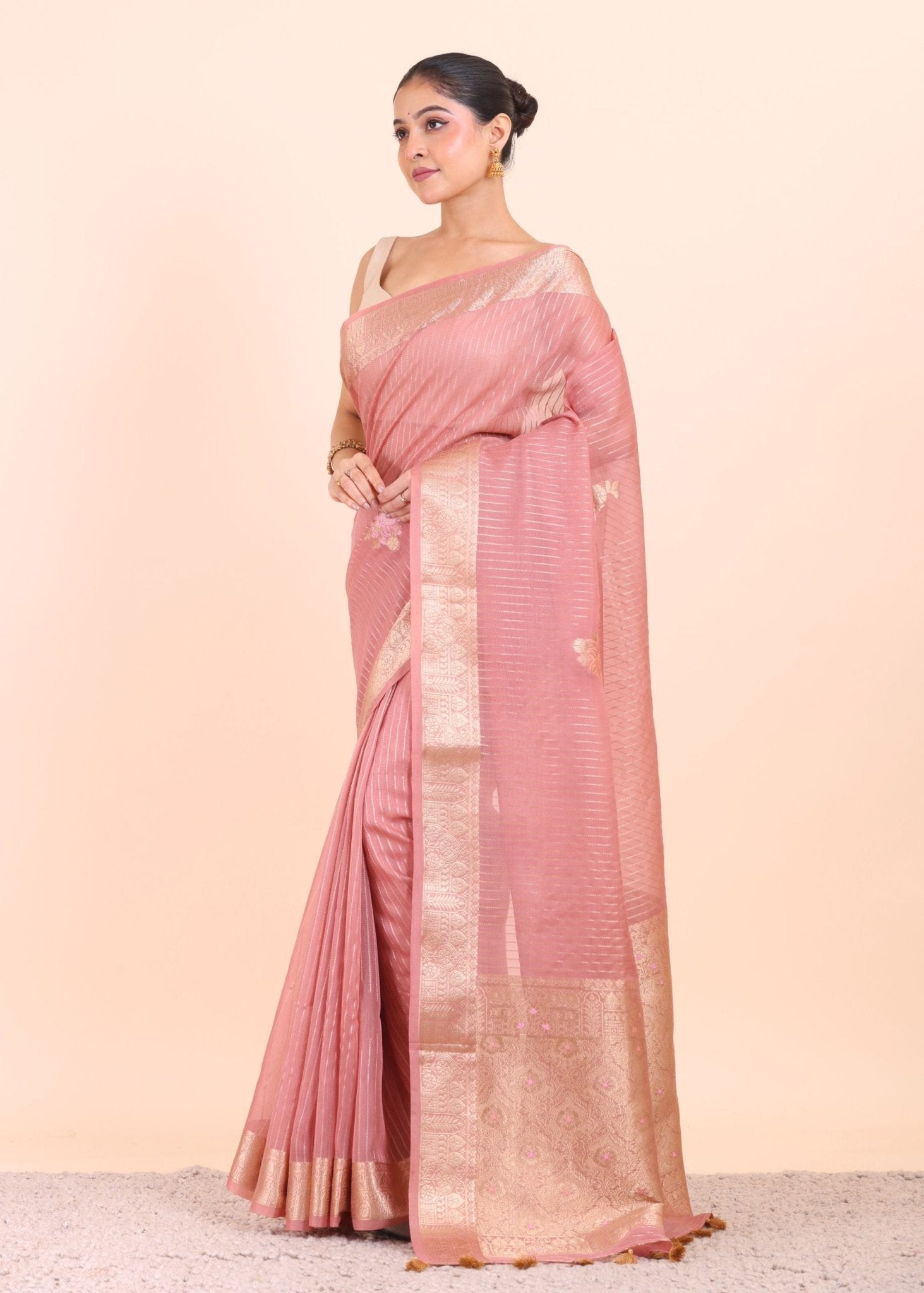 Peach and Gold Organza Saree with Golden Border - Anvi Couture