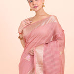 Peach and Gold Organza Saree with Golden Border Close Up View