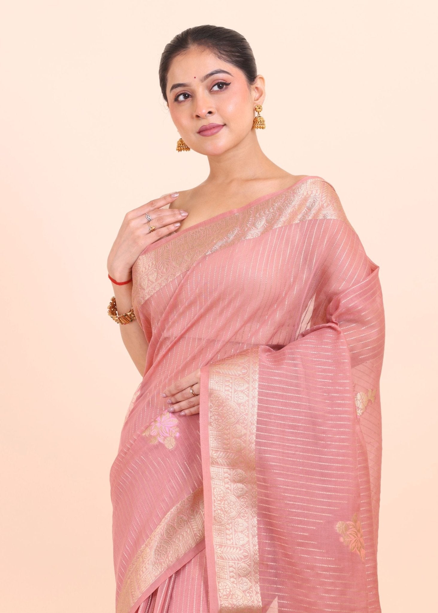 Peach and Gold Organza Saree with Golden Border - Anvi Couture