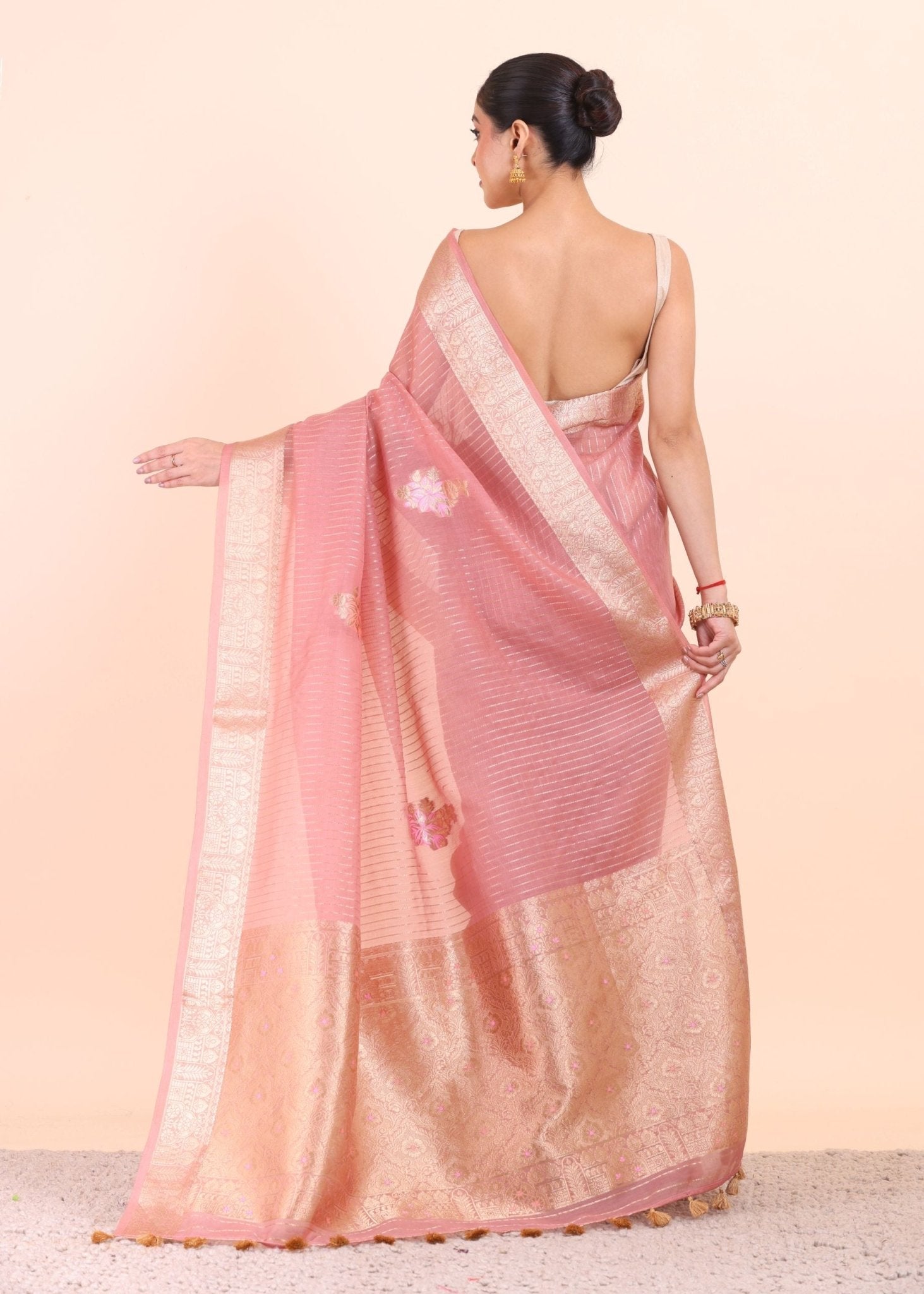 Peach and Gold Organza Saree with Golden Border - Anvi Couture