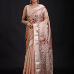 Peach and Gold Tissue Silk Saree with Floral Hand Embroidered Embellishment  Full