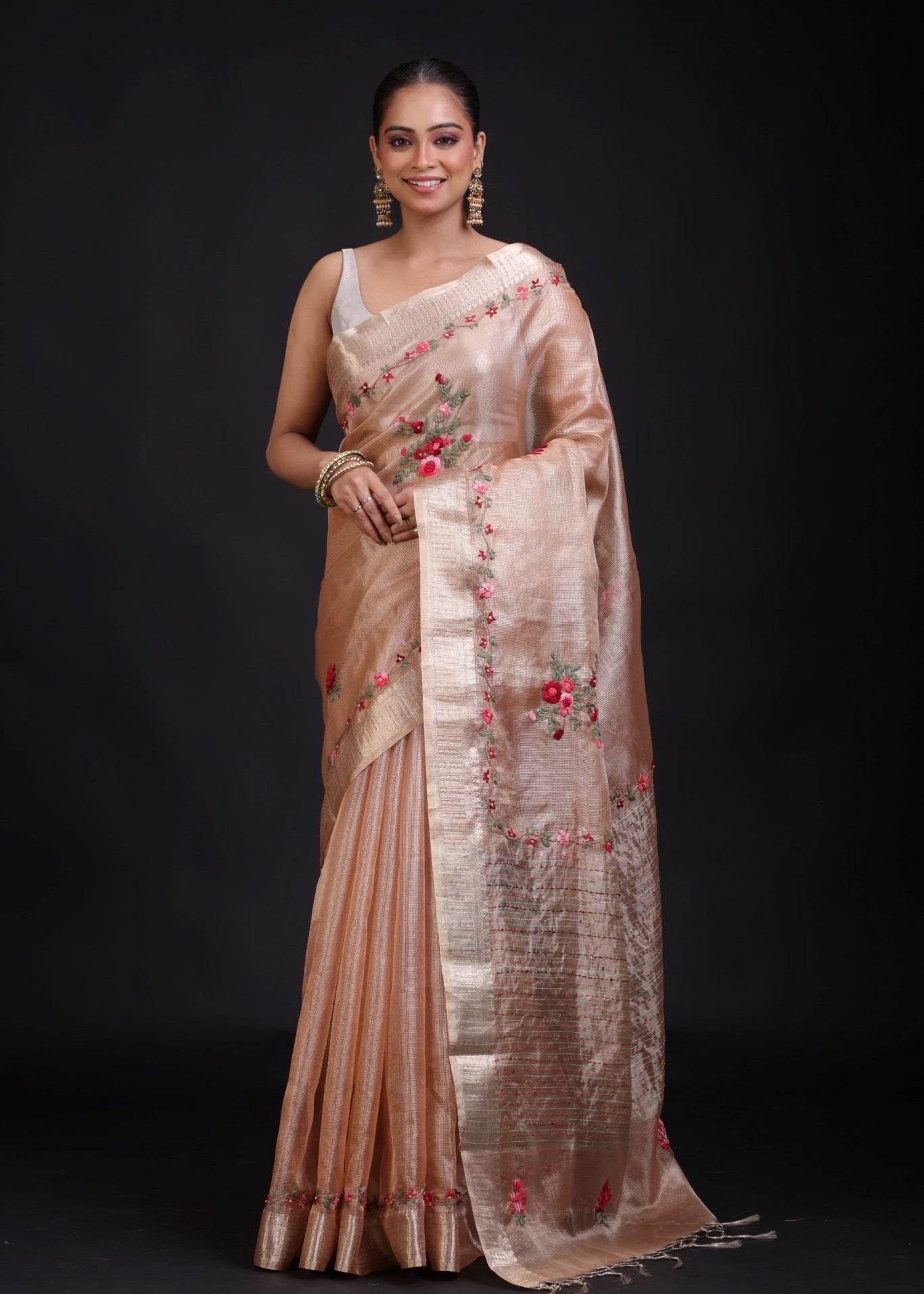 Peach and Gold Tissue Silk Saree with Floral Hand Embroidered Embellishment - Anvi Couture