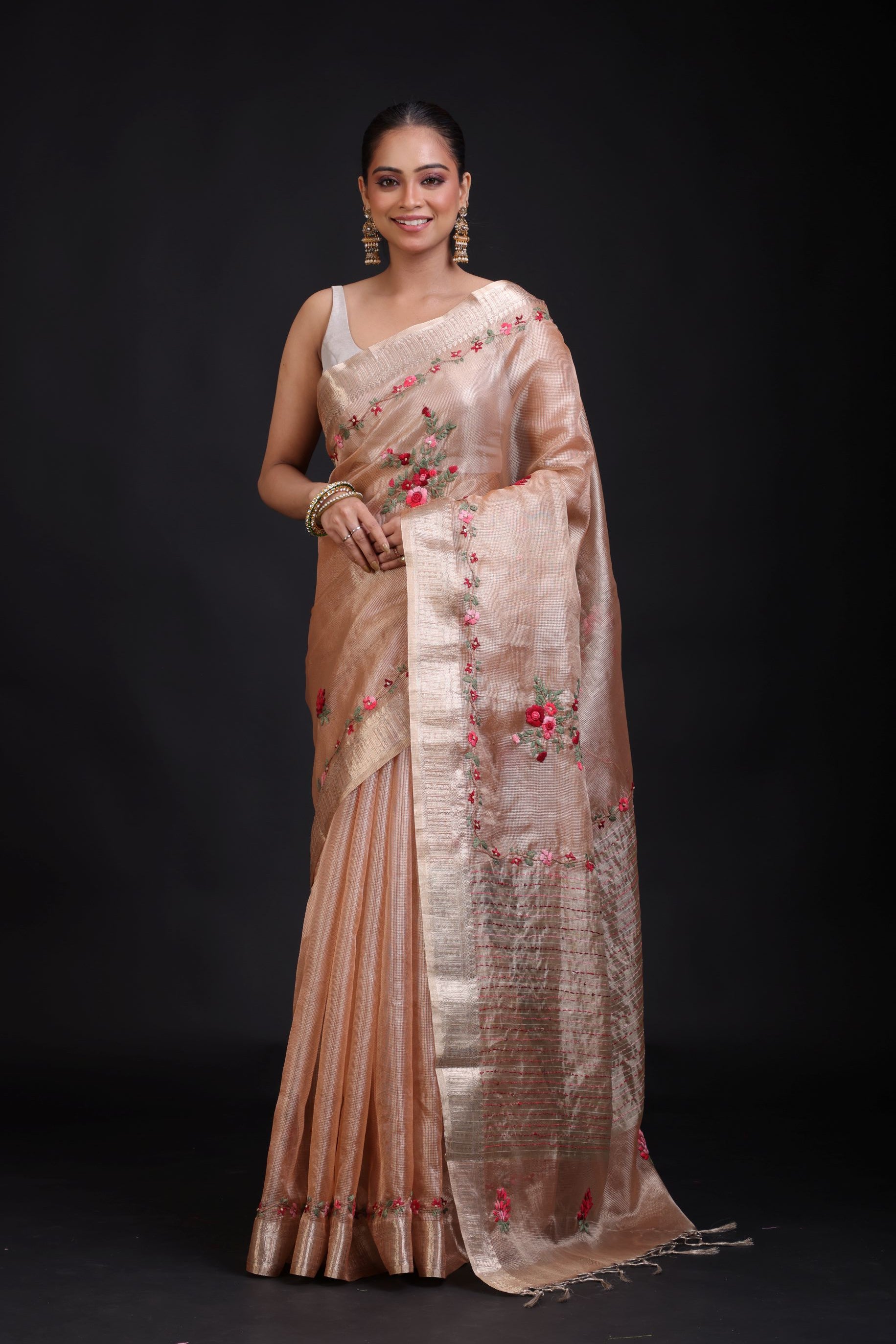 Peach and Gold Tissue Silk Saree with Floral Hand Embroidered Embellishment  Full