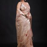 Peach and Gold Tissue Silk Saree with Floral Hand Embroidered Embellishment Front